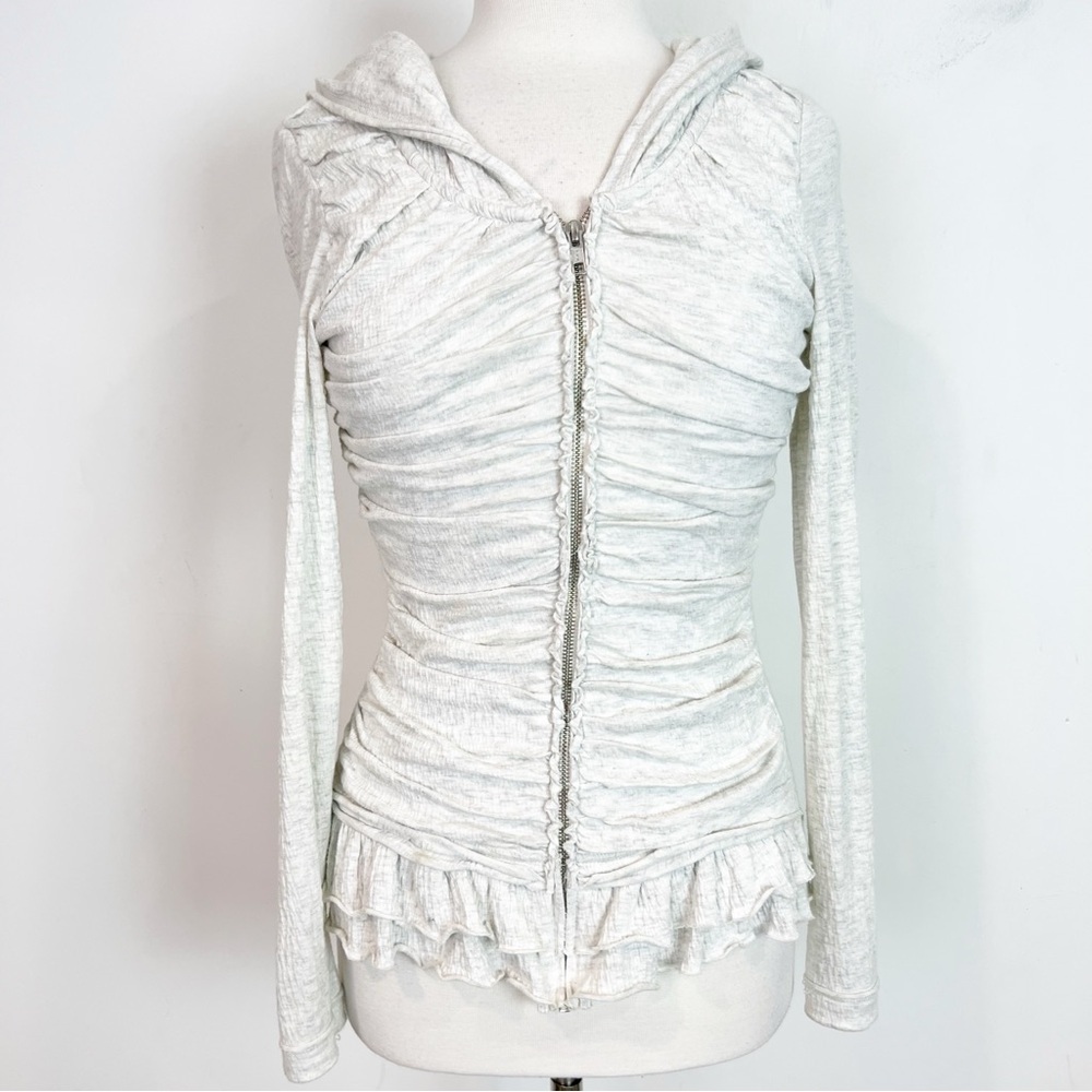 PURE + GOOD GRAY RUFFLED RUCHED FULL ZIP HOODIE SWEATSHIRT WOMENS SMALL